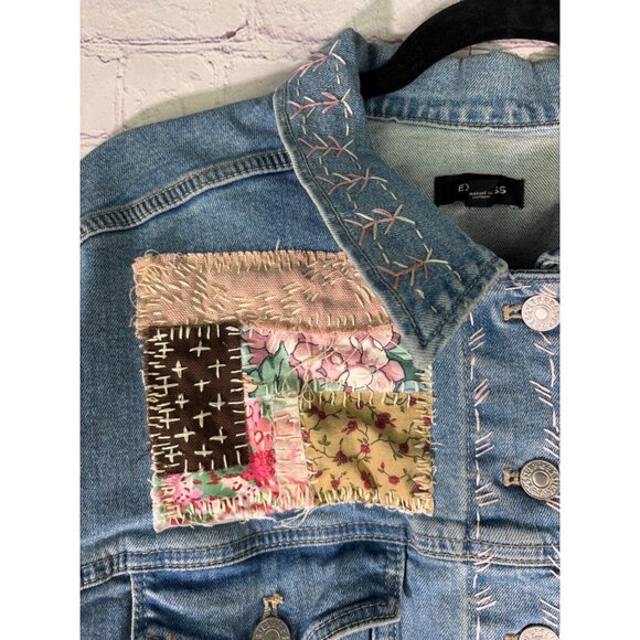 Express Altered Hand Embroidered Upcycled Patched Denim Jacket - Picture 9 of 15